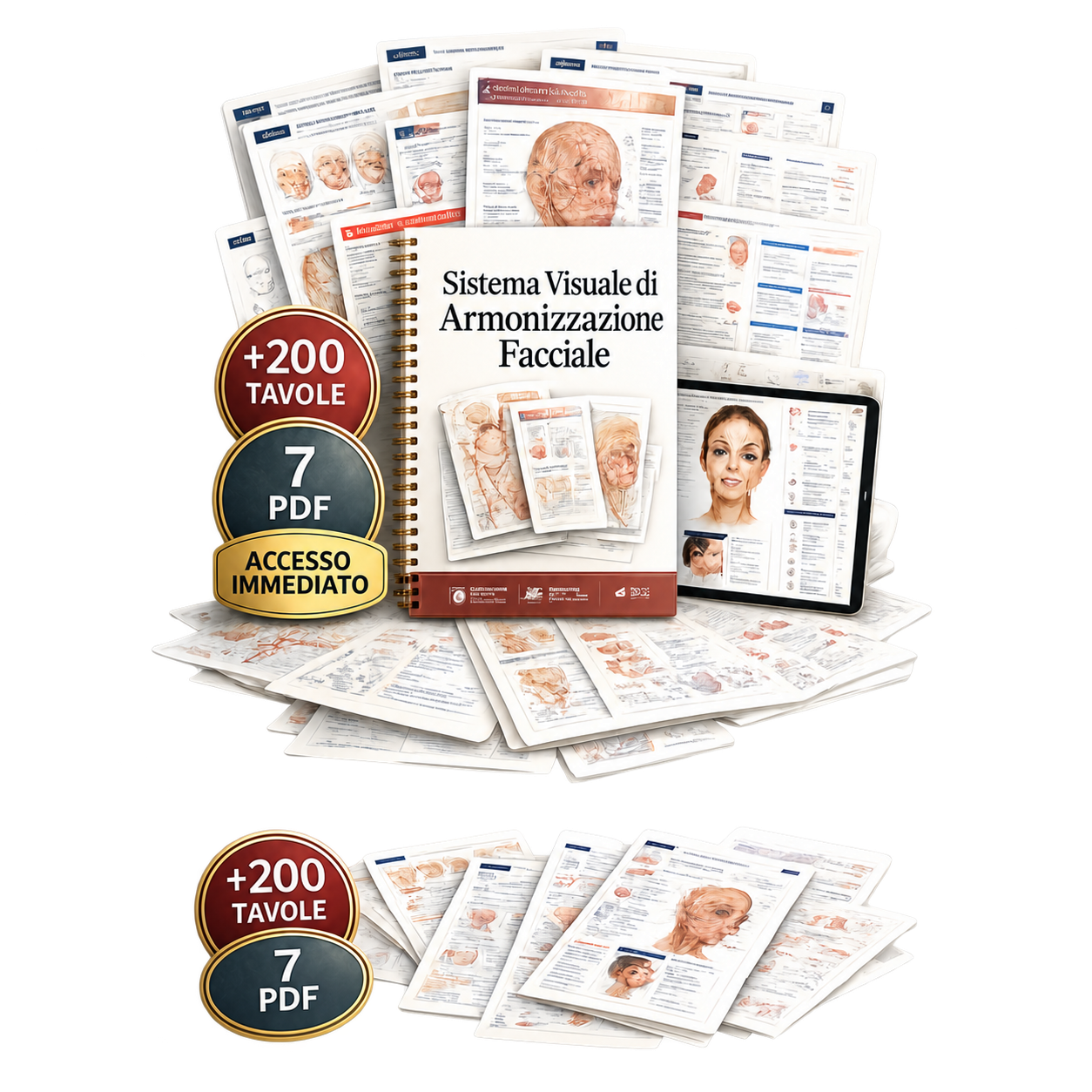 Sistema Visuale di Armonizzazione Facciale — mockup con quaderno, tablet e tavole visive